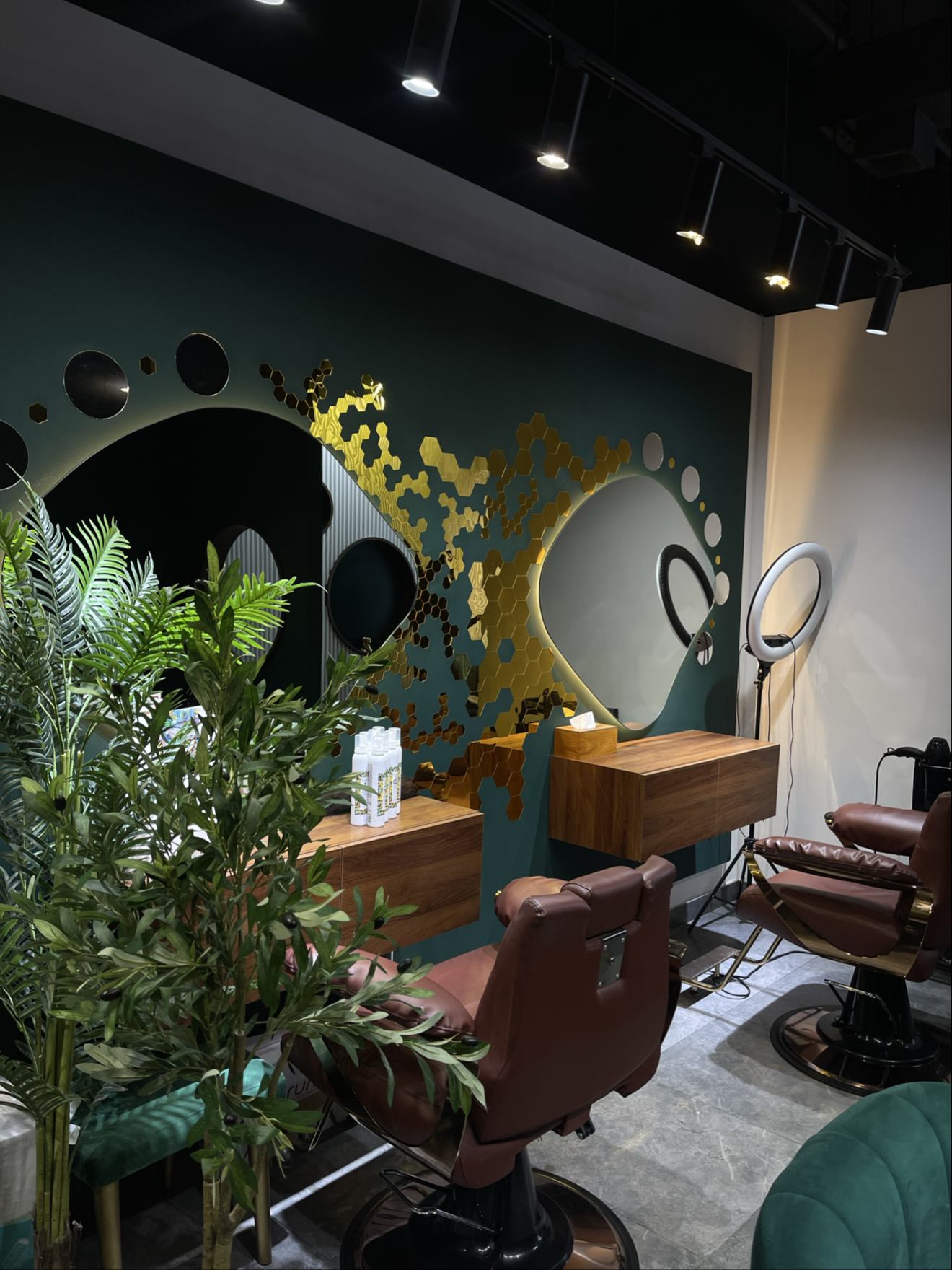 Inside The Elenas salon: emerald wall, gold mirrors and styling chairs