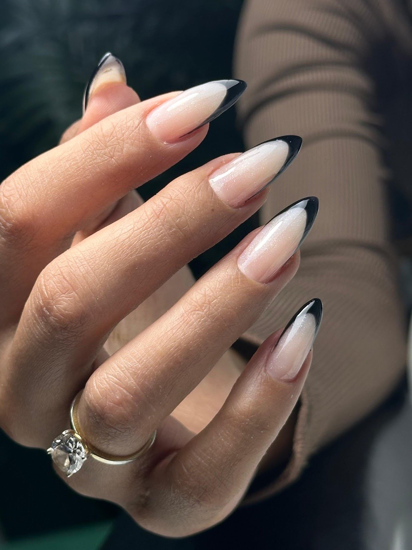 Almond nails with black French tips