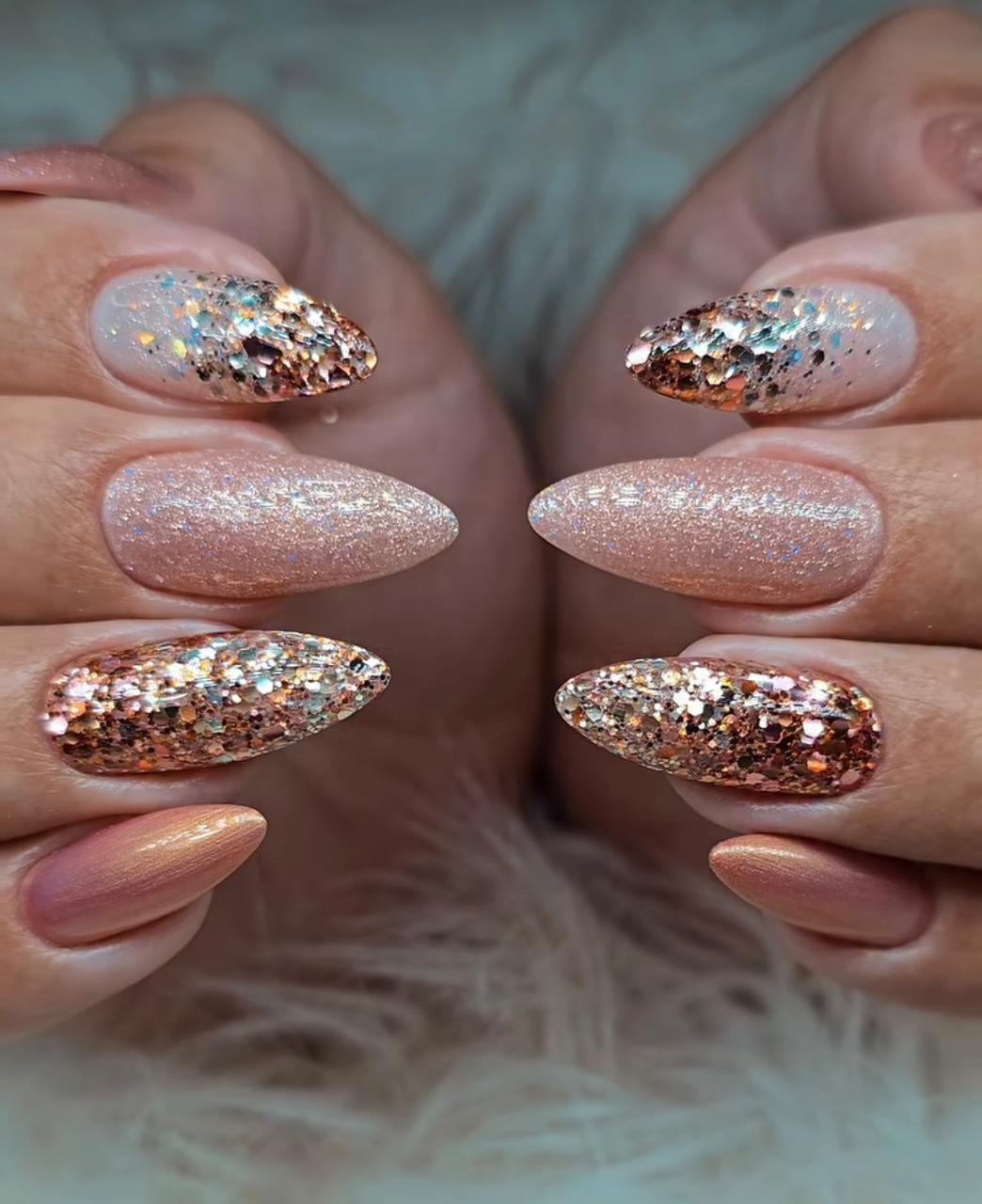 Rose gold glitter almond nails